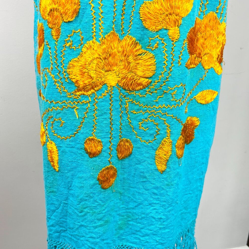 Vintage Boho Summer Shift Dress – Hand Embroidered Orange Floral with Fringe Hem - Picture 8 of 12